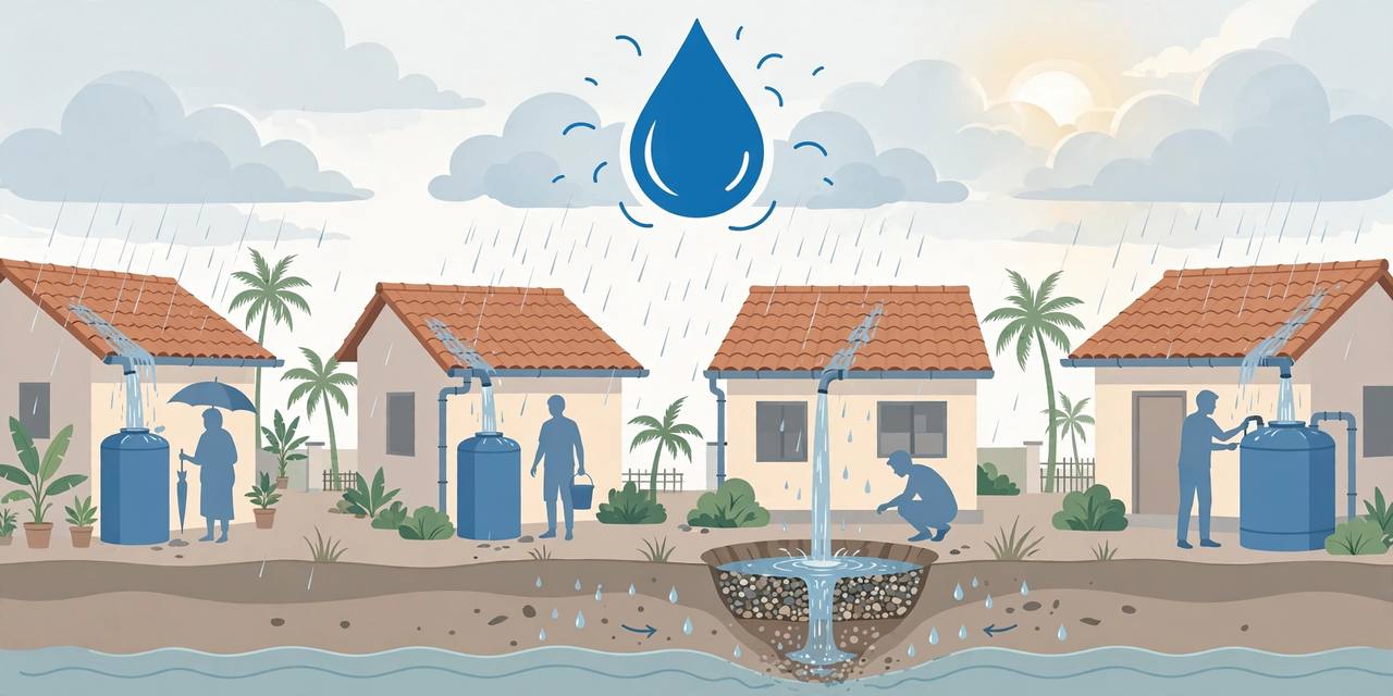 Editorial illustration of Chennai households harvesting monsoon rainwater from rooftops