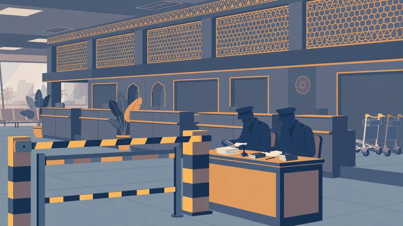 Editorial illustration of a generic airport immigration checkpoint with a closed barrier and uniformed officers reviewing papers