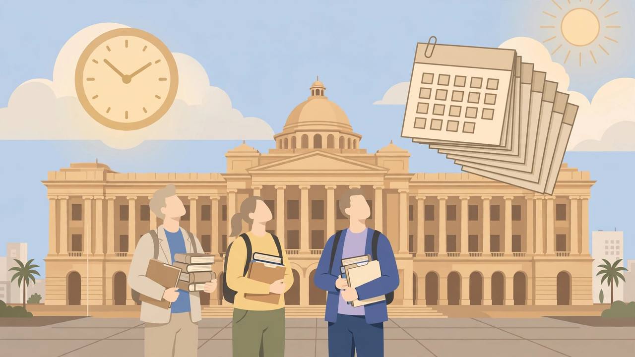 Editorial illustration of government job aspirants with books and application files outside a secretariat building in Chennai, with a large clock symbolising five extra years of eligibility