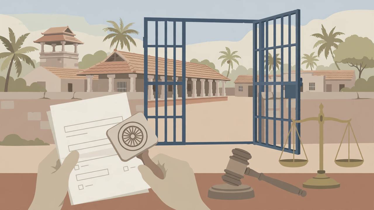 Editorial illustration of a prison gate and a parole document in Tamil Nadu