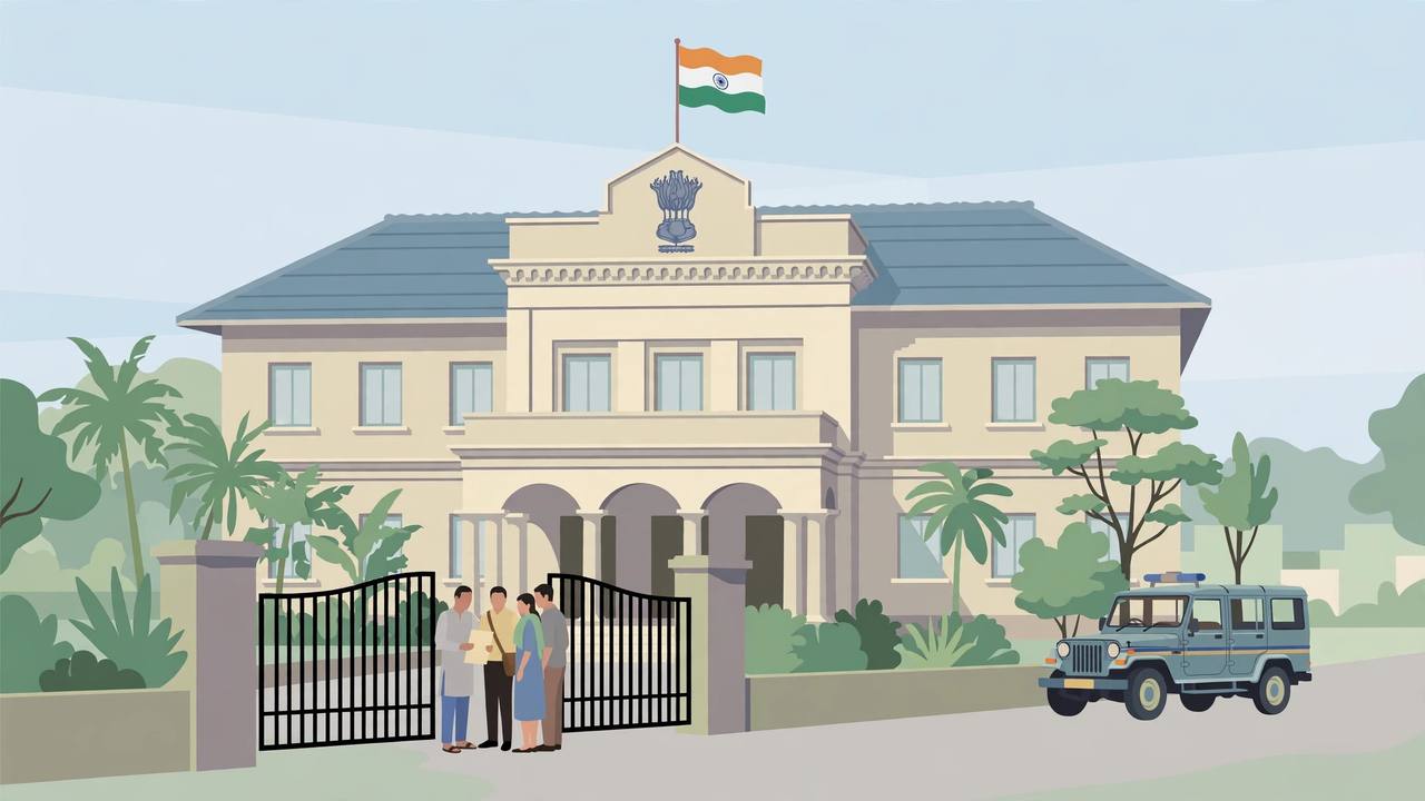 (Editorial illustration) A district collectorate office building in Coimbatore with a small peaceful group of generic adults at the gate holding a petition and a police jeep parked nearby