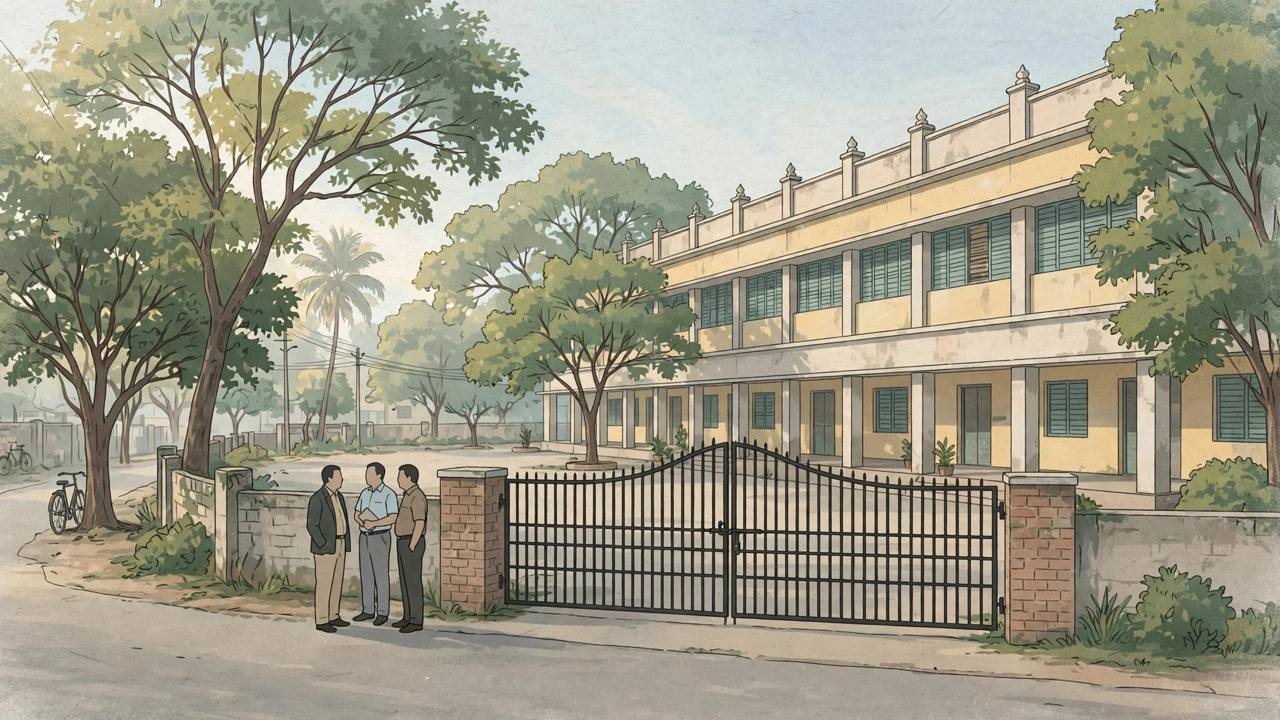 Editorial illustration of a quiet government-aided school building in Peelamedu, Coimbatore