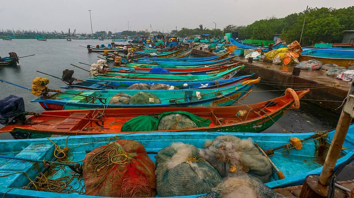 Fishing boats moored at a Tamil Nadu harbour under grey skies ahead of a cyclone (File photo)