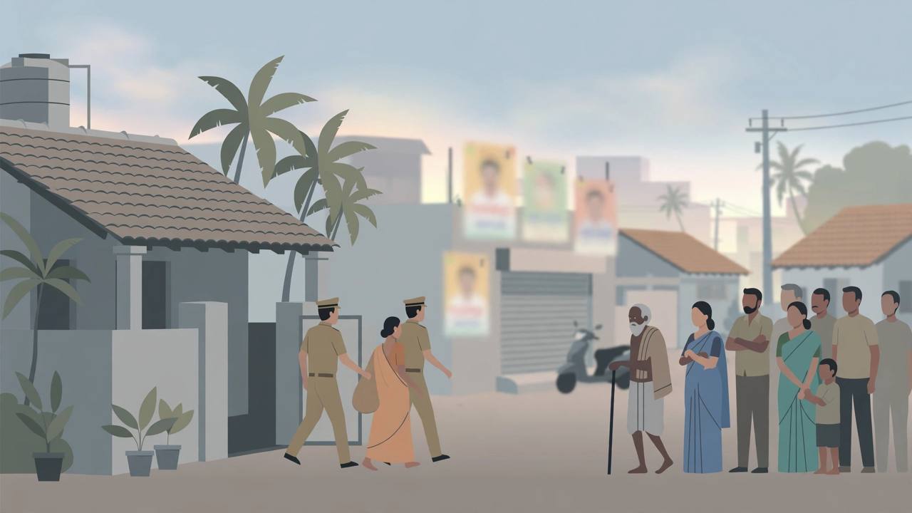Editorial illustration of a dawn police arrest outside a house in a Tamil Nadu town