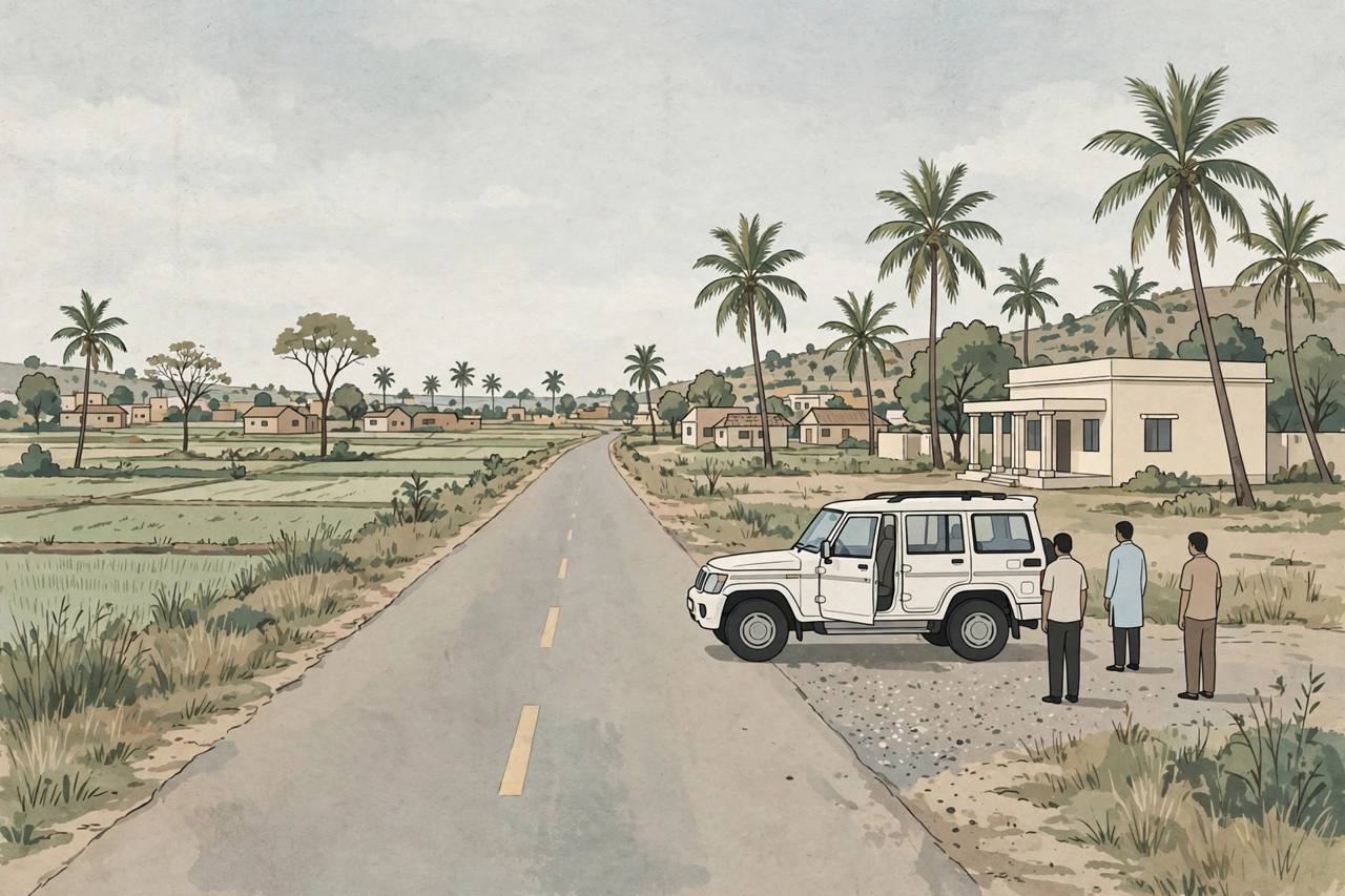 Editorial illustration of a quiet rural road near Gobichettipalayam in Erode district, with a white government SUV parked at the roadside