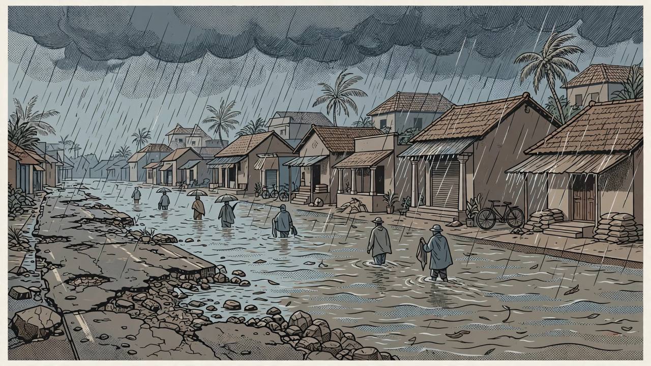 Editorial illustration of a waterlogged Tamil Nadu town street in heavy rain, with residents wading through floodwater past houses and shops