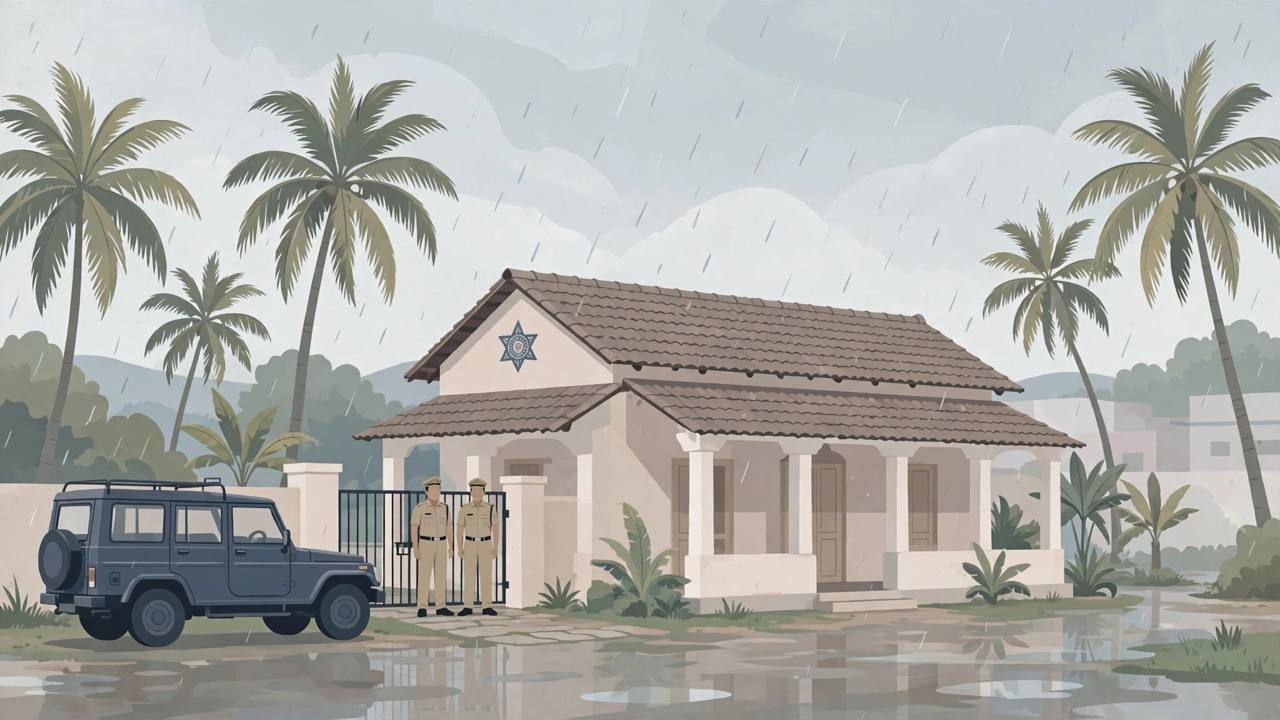 Editorial illustration of a police station in Kanyakumari district, Tamil Nadu, with palm trees in the rain and a police jeep outside