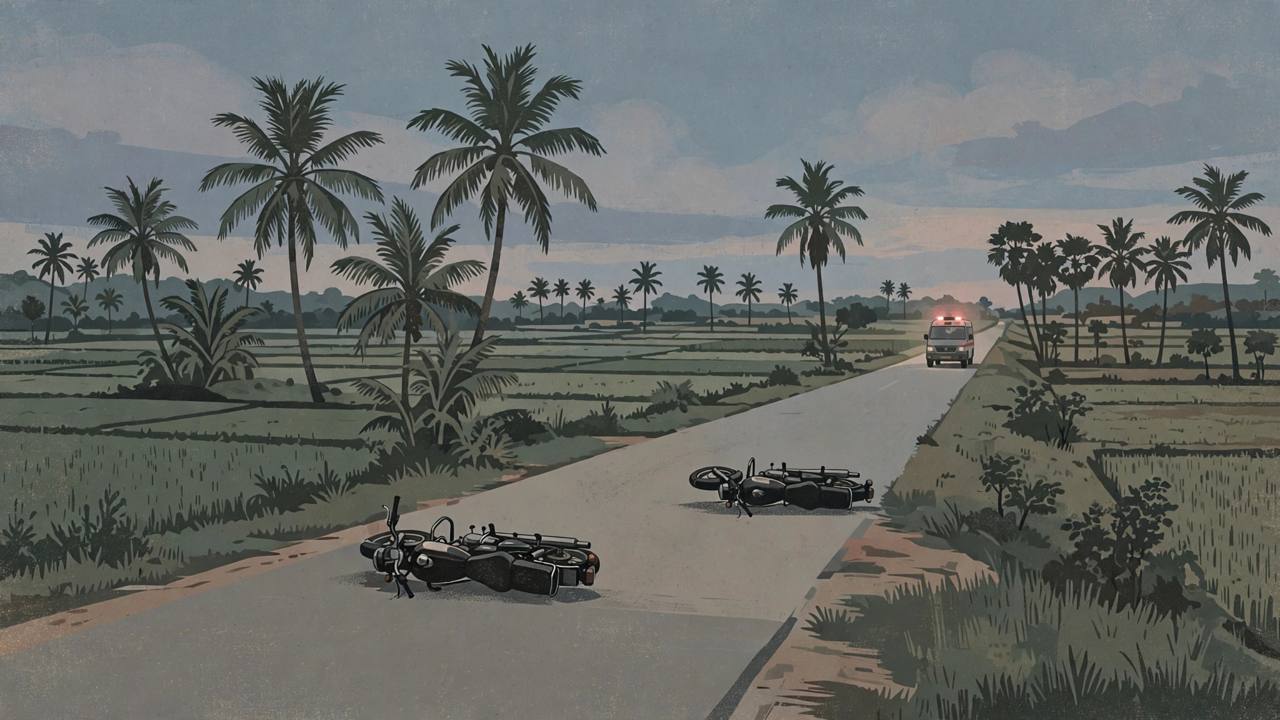 Editorial illustration of a rural Tamil Nadu road at dusk with two fallen motorcycles and an ambulance approaching in the distance