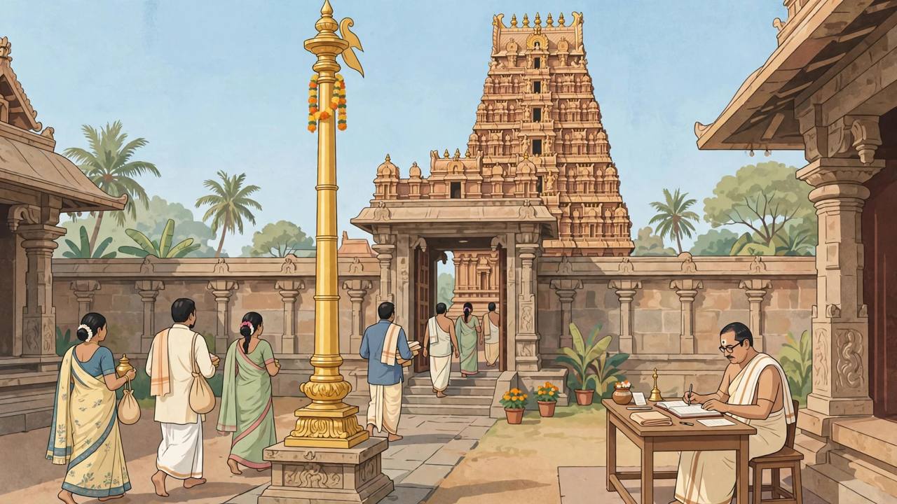 Editorial illustration of devotees at the entrance of a South Indian temple with a tall golden flag pole, where an official keeps a register for visitor undertakings