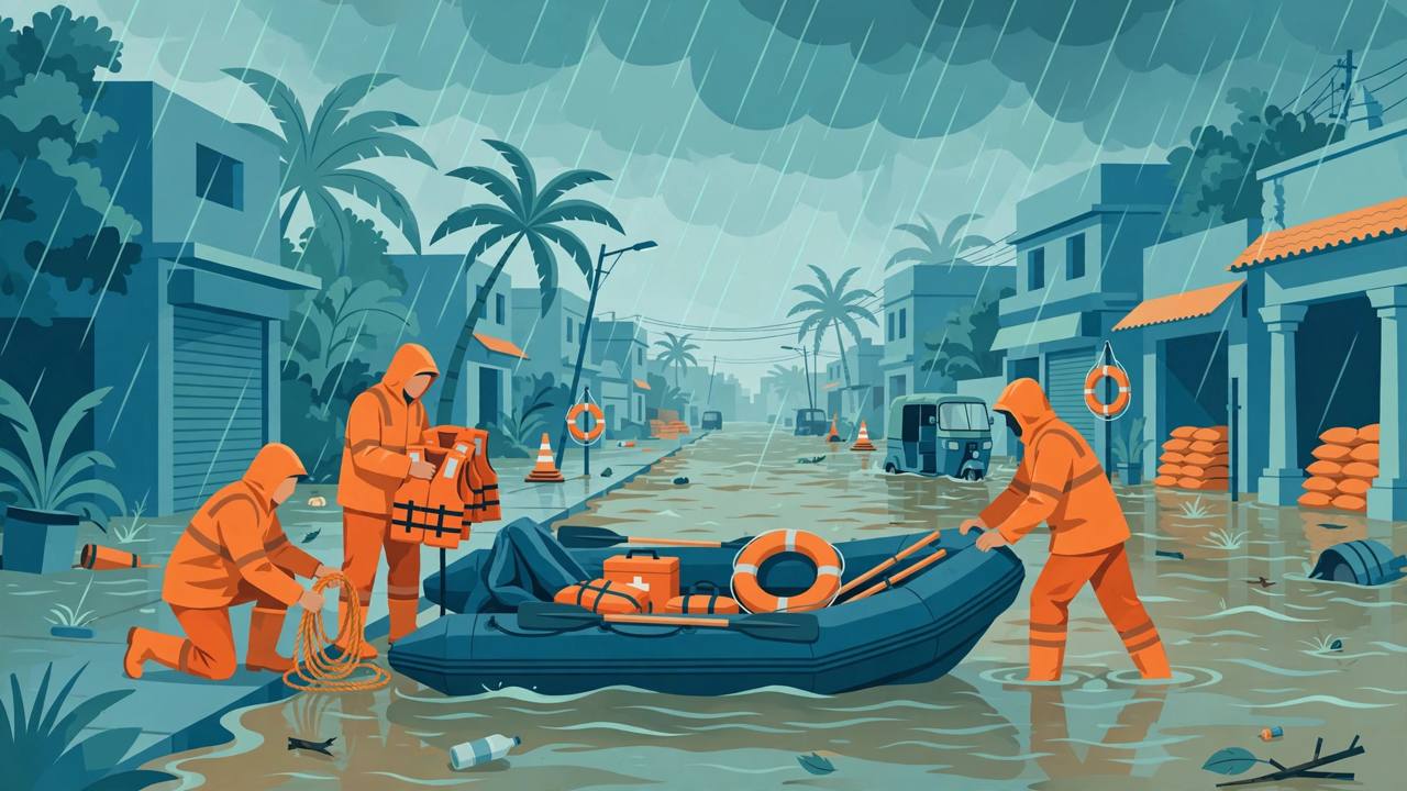 Editorial illustration of Tamil Nadu rescue personnel with rubber boats preparing beside a flooded Chennai street in monsoon rain