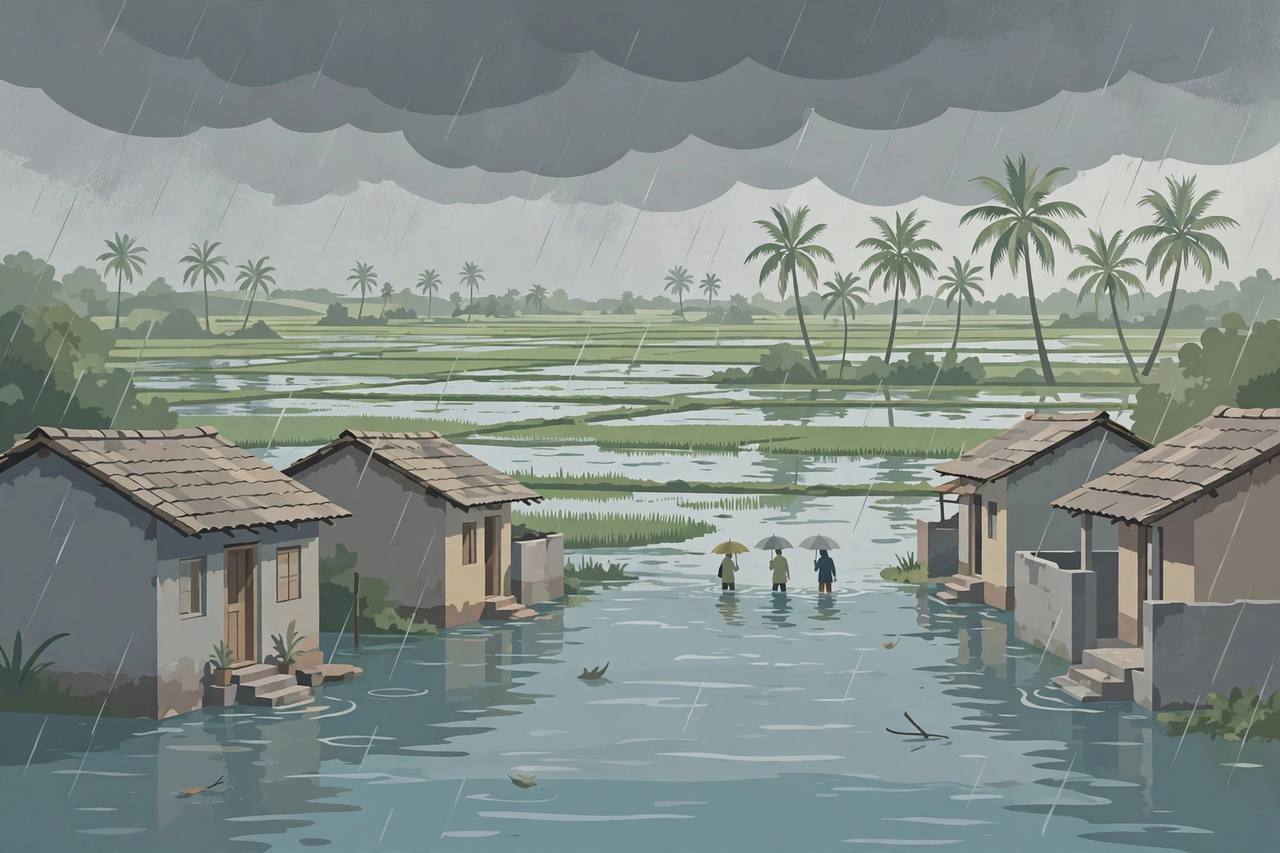 (Editorial illustration) Floodwater at the doorsteps of modest homes in a Tamil Nadu town, flooded farmland and palm trees under heavy monsoon rain