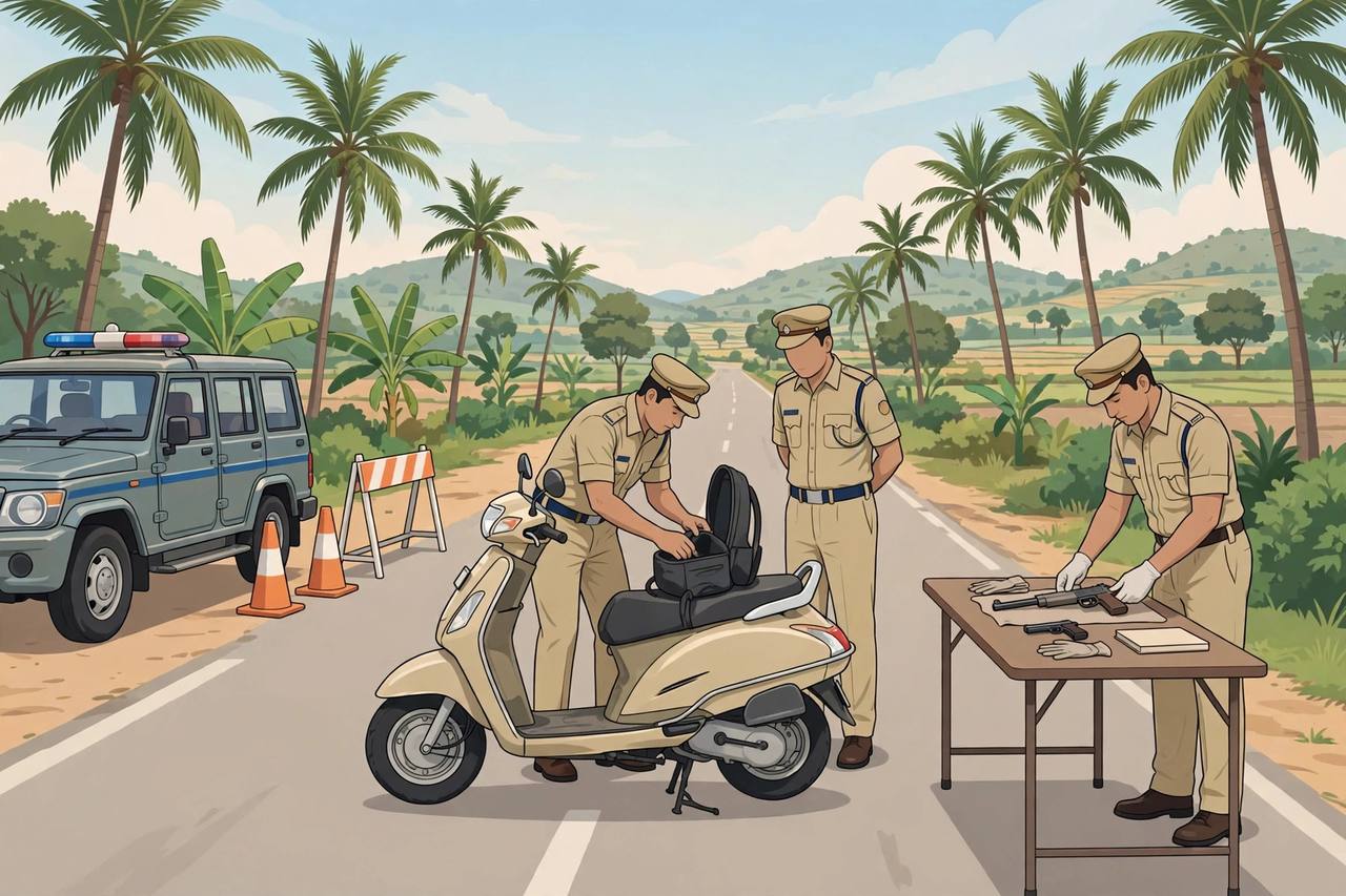 Editorial illustration of police conducting a vehicle check on a road in Tamil Nadu and seizing a country-made gun as evidence