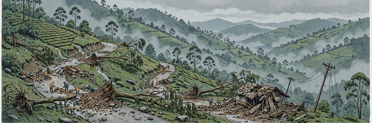 (Editorial illustration) Landslips and uprooted trees blocking a winding ghat road in the rain-soaked Nilgiri hills
