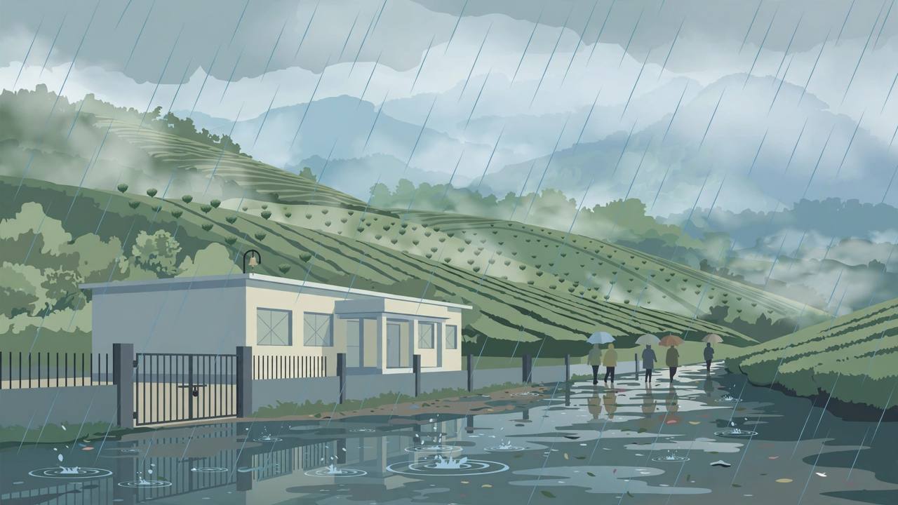 Editorial illustration of heavy rain over a closed school in the Nilgiris hills of Tamil Nadu, with tea slopes and a waterlogged road