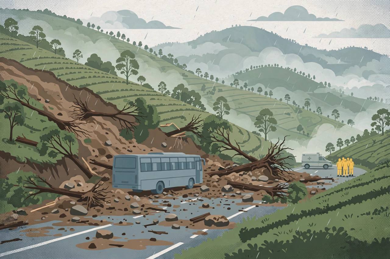 Editorial illustration of rescue workers beside a government bus stopped by landslide mud and fallen trees on a rain-soaked Nilgiris hill road