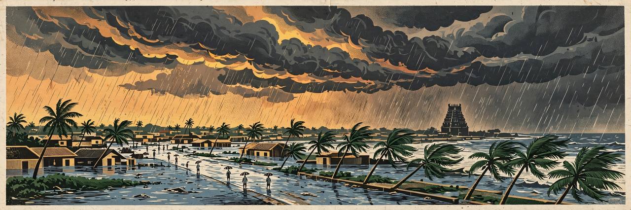 Editorial illustration of heavy monsoon rain and flooded streets in Tamil Nadu