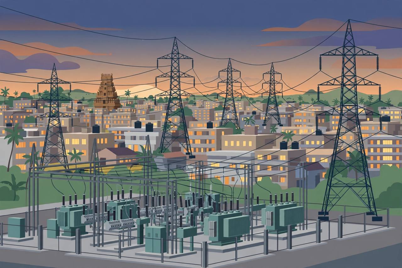 Editorial illustration of electricity transmission towers and a substation over a South Indian city at dusk; no person from the story is depicted