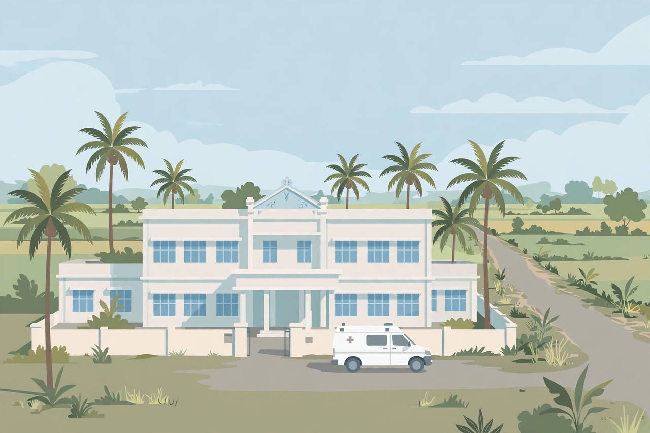 Editorial illustration of a government hospital with an ambulance in Ramanathapuram district