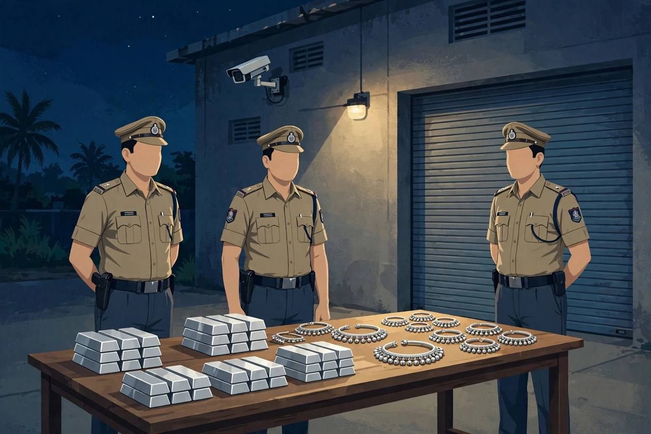 (Editorial illustration) Police officers standing beside a table of recovered silver bars and silver anklets outside a warehouse at night, with a CCTV camera on the wall
