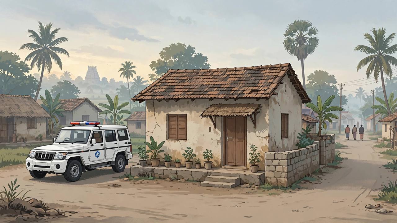 (Editorial illustration) A police vehicle parked outside a modest village home in Tamil Nadu at dawn, a quiet street, no people close to the camera