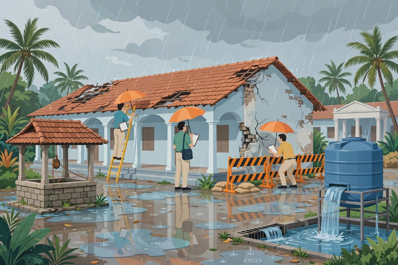 Editorial illustration of a school building in Tamil Nadu during monsoon rain, with generic teachers inspecting the roof and walls and safety barriers around a damaged section