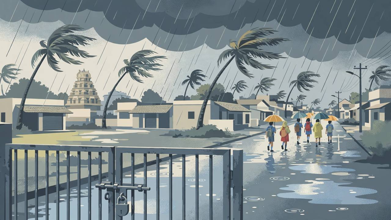 Editorial illustration of schoolchildren with umbrellas outside a closed school gate in heavy monsoon rain in Tamil Nadu