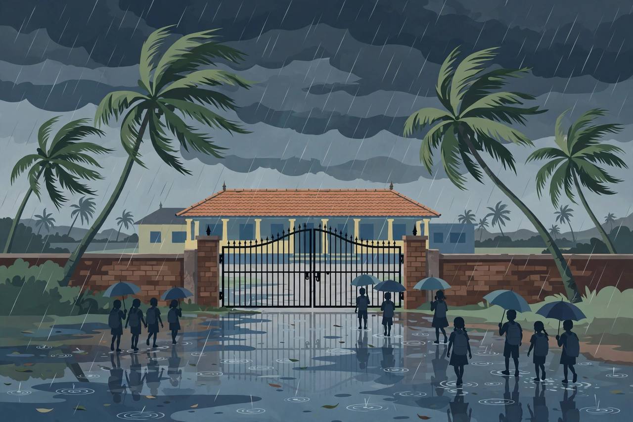 Editorial illustration of a closed school gate in heavy monsoon rain in southern Tamil Nadu, with waterlogged street and palm trees