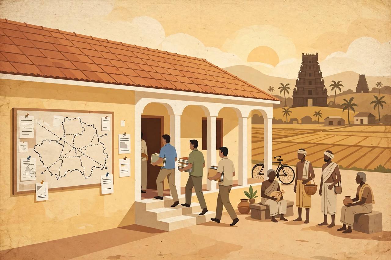 Editorial illustration of a village panchayat office in Tamil Nadu with government officers carrying files and villagers waiting outside