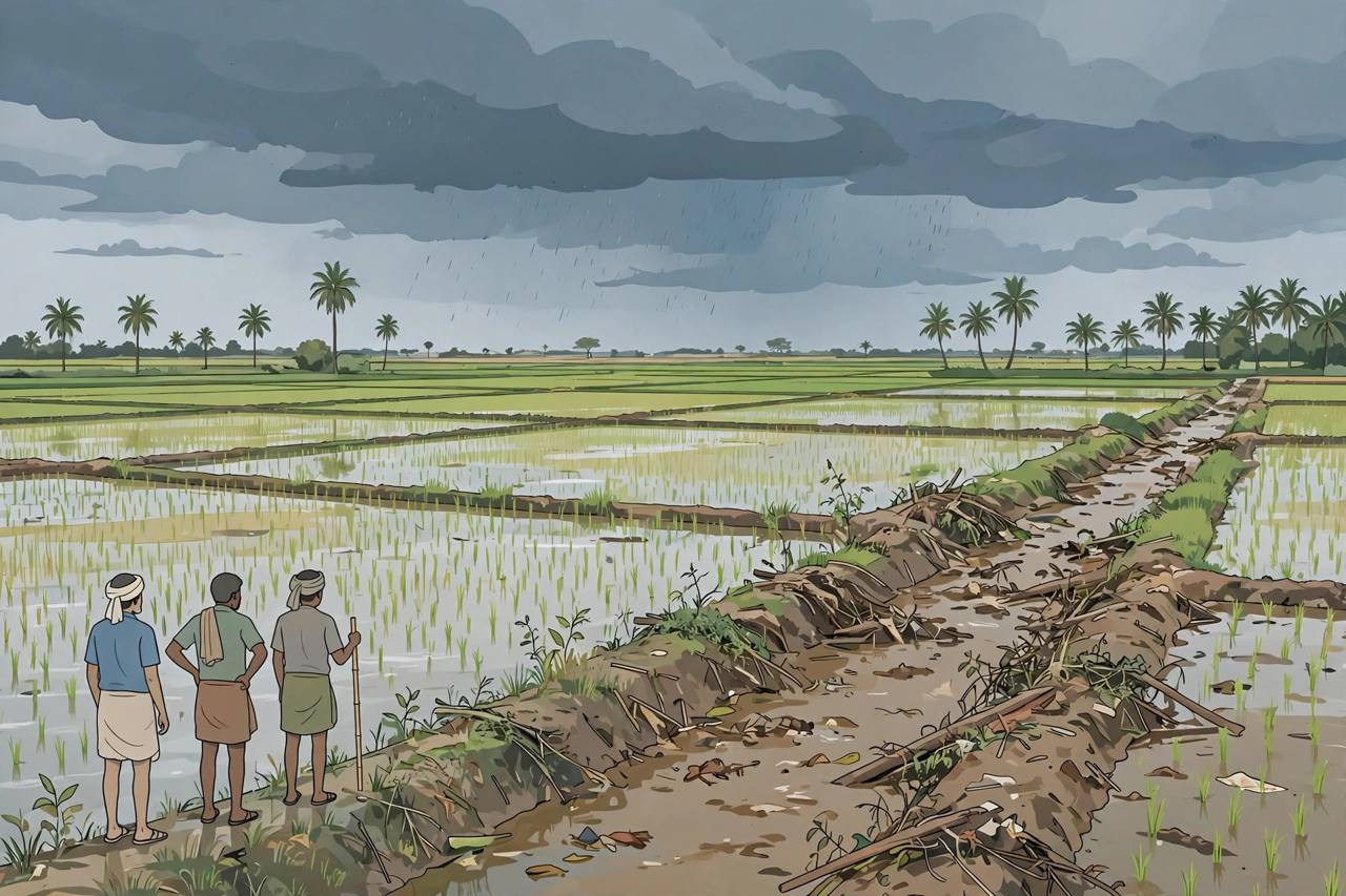 Editorial illustration of young green paddy fields submerged under standing floodwater, with generic farmers standing beside a silt-blocked drainage canal under monsoon clouds