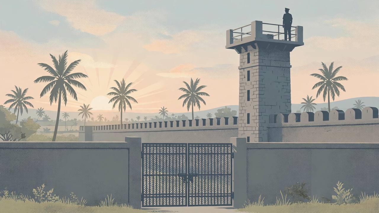 Editorial illustration of a prison watchtower at dawn in Tamil Nadu with a guard silhouette, high walls and a closed iron gate