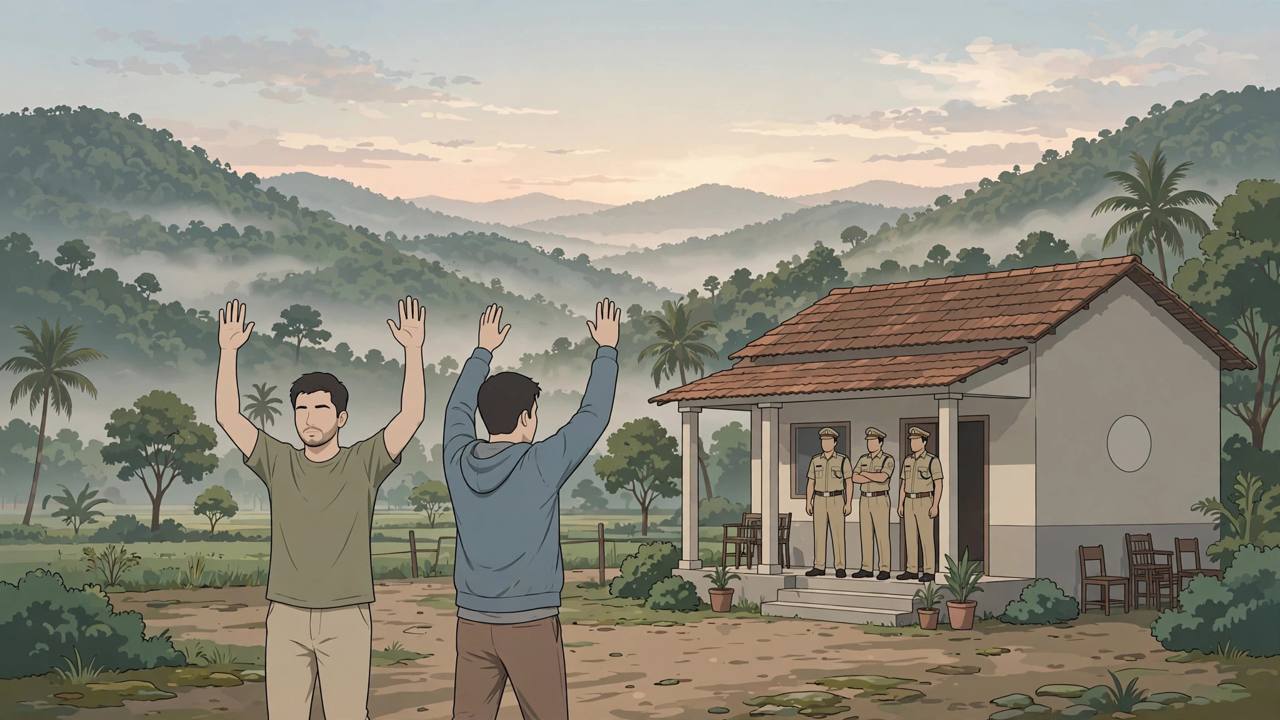 Editorial illustration of two generic young men surrendering at a small-town police station in Tamil Nadu with hills in the background