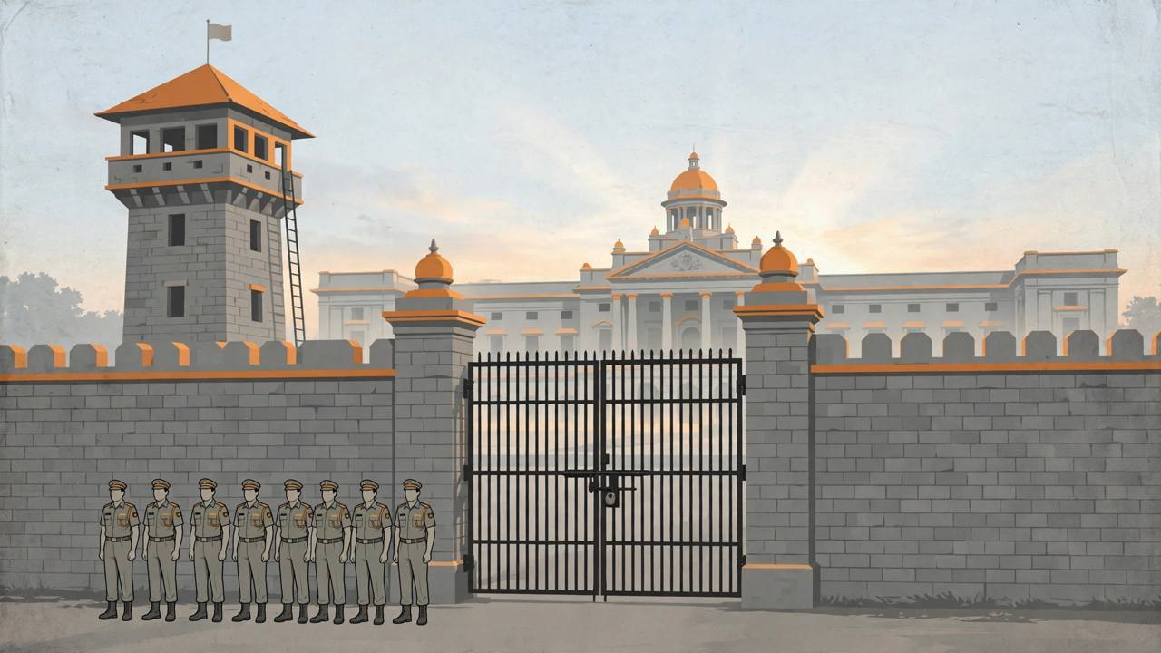 Editorial illustration of the gates of an Indian district prison with a watchtower; no person from the incident is depicted