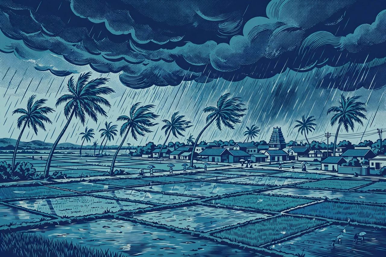 (Editorial illustration) Heavy monsoon rain over southern Tamil Nadu farmland and a small town