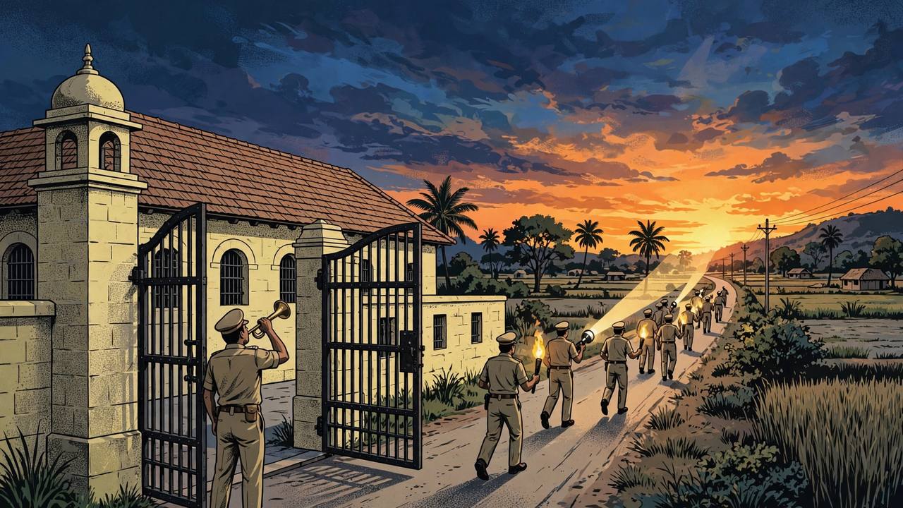 Editorial illustration of a district jail in Tamil Nadu at dusk with its gate open and police teams setting out on a manhunt with torches