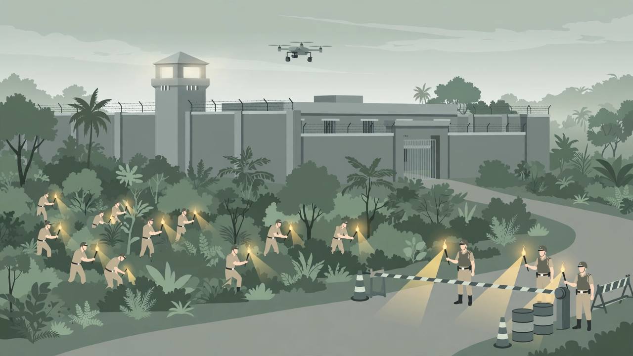 Editorial illustration of police teams searching forest terrain near a district prison in Theni with a drone overhead