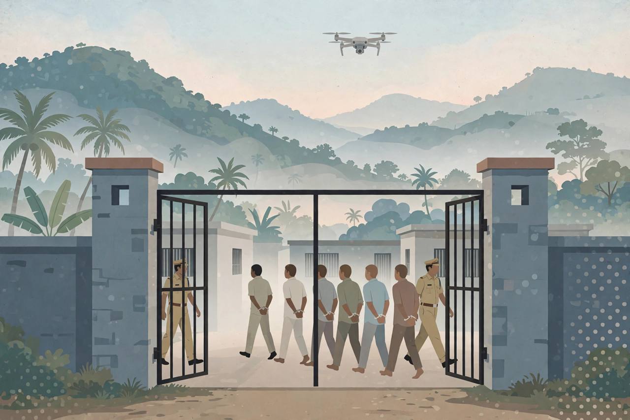 Editorial illustration of police officers escorting handcuffed men back through a district jail gate at dawn, with a search drone overhead