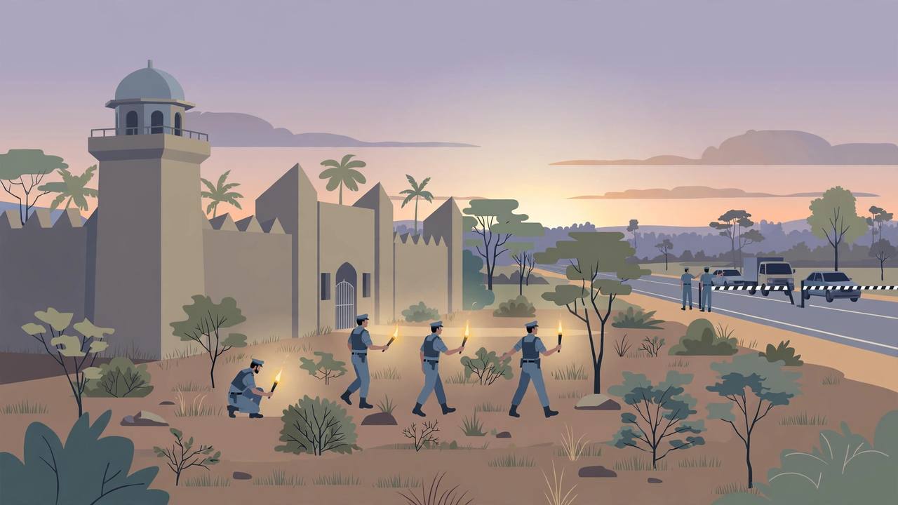 Editorial illustration of a district jail in Tamil Nadu at dawn, police teams searching scrubland with torches and checking vehicles at a highway checkpoint