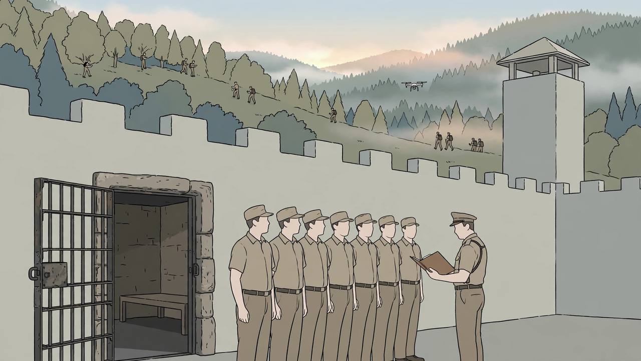 Editorial illustration of a Tamil Nadu district sub-jail at dawn, prison staff standing before a senior officer, with search teams and a drone combing a forested hillside in the background