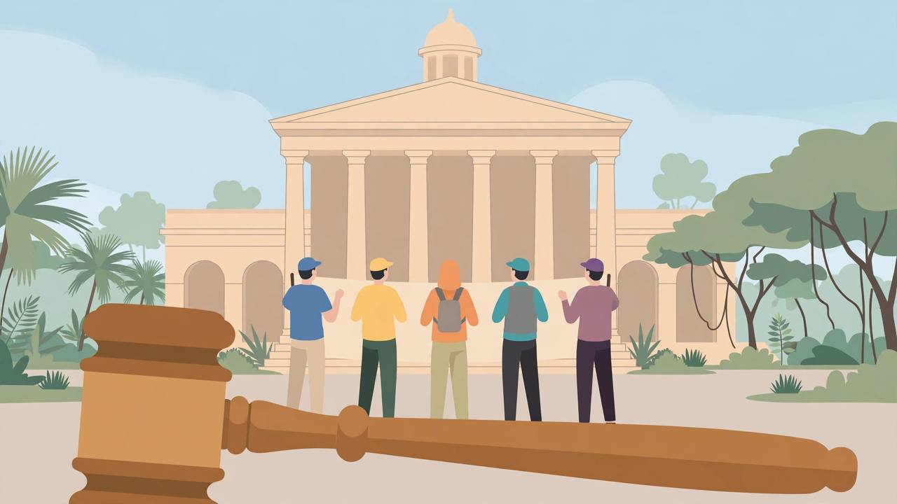 Editorial illustration of generic protesters in front of a courthouse, with a gavel in the foreground