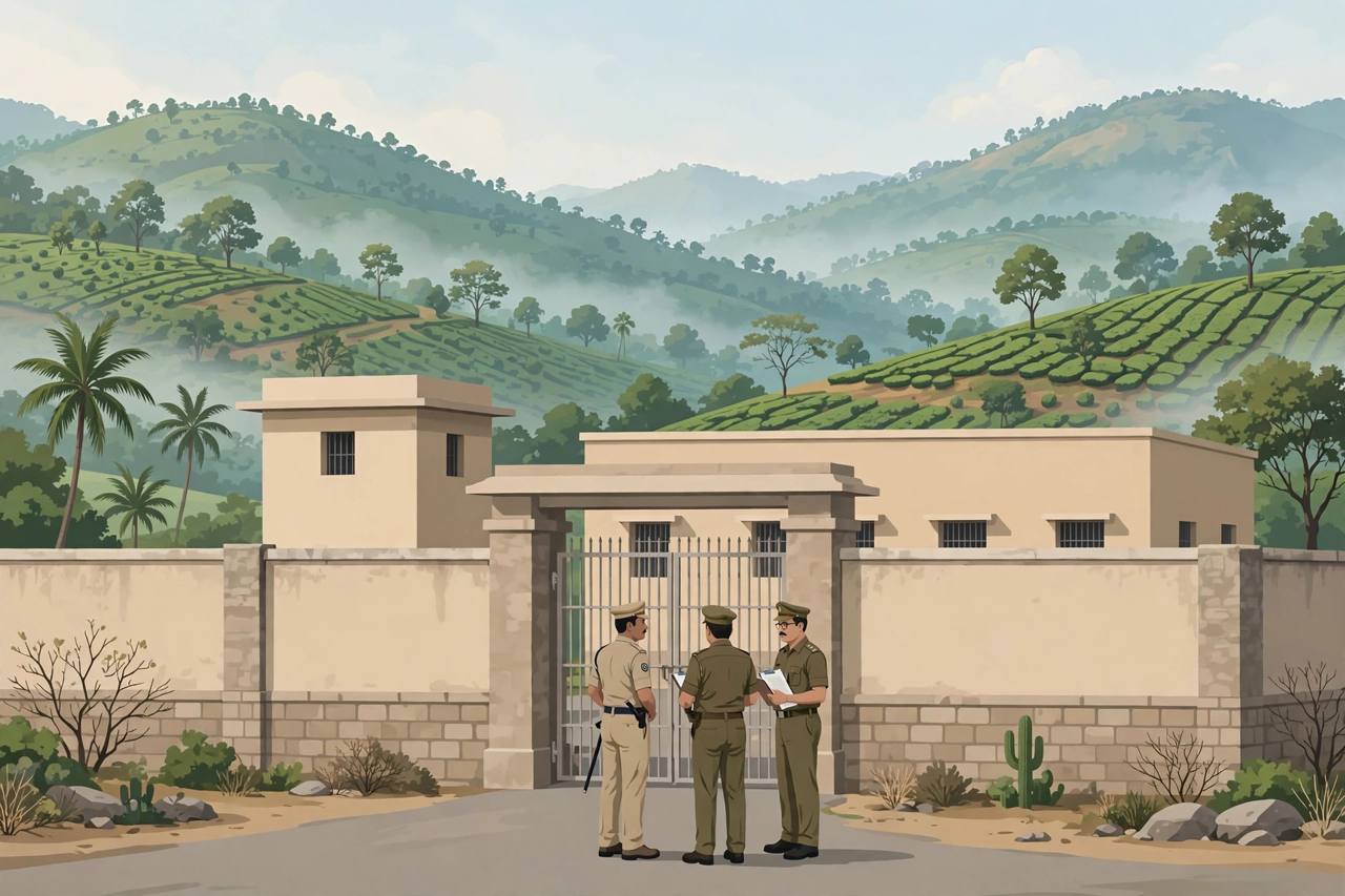 Editorial illustration of a district sub-jail in Theni, Tamil Nadu, with prison officials at the gate and hills in the background