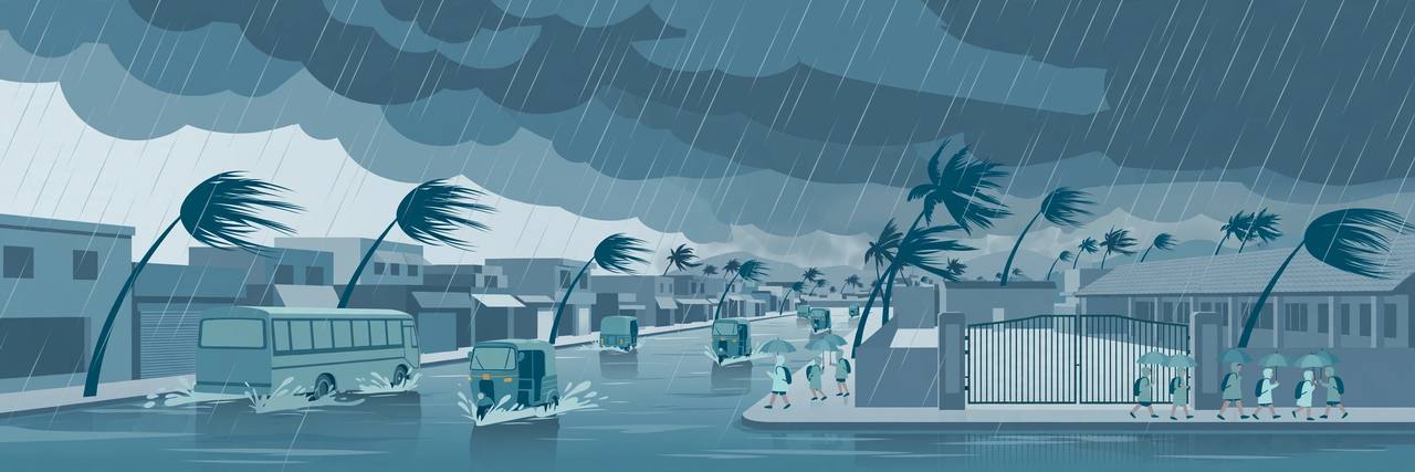 Editorial illustration of heavy monsoon rain over a waterlogged Tamil Nadu street, with a bus and auto-rickshaws in ankle-deep water and schoolchildren with umbrellas passing a closed school gate