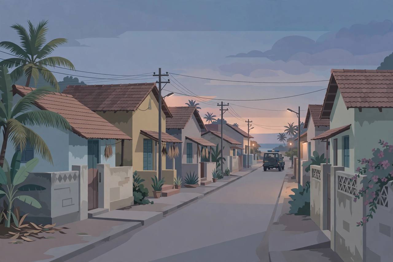 Editorial illustration of a quiet residential street in Thoothukudi, Tamil Nadu, at dusk, with a police jeep parked in the distance
