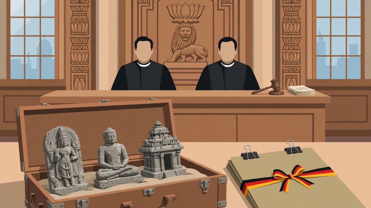 Editorial illustration of a Supreme Court courtroom with judges, a gavel and a sealed evidence crate containing ancient temple idol sculptures