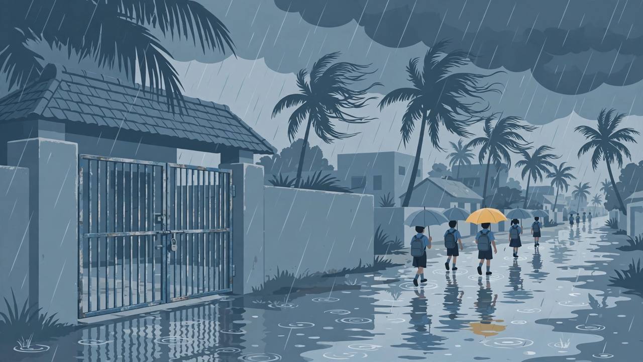 (Editorial illustration) A locked school gate and schoolchildren with umbrellas on a waterlogged Tamil Nadu street in heavy monsoon rain