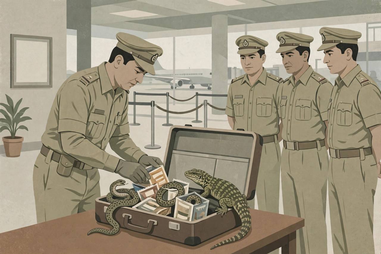 Editorial illustration of a customs officer examining open baggage with snakes and a large lizard inside food packets at an airport