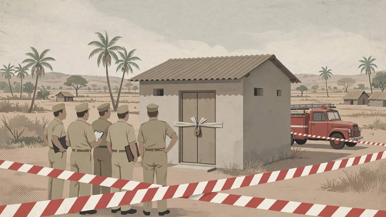 Editorial illustration of officials inspecting a sealed firecracker godown in Vellore district