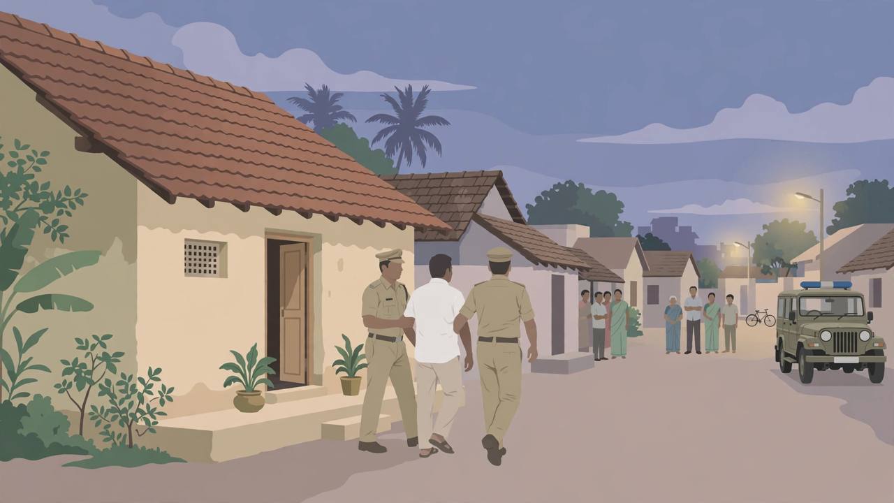 Editorial illustration of police officers leading a generic local councillor away from a house in a Tamil Nadu town at dusk