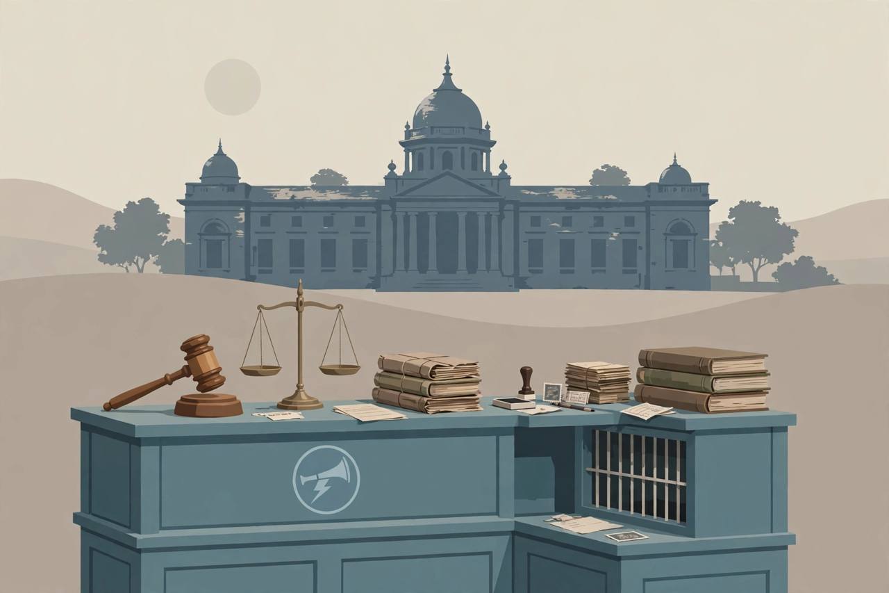 Editorial illustration of a courtroom gavel and scales of justice in front of a small Indian post office counter with old paper passbooks and ledger books