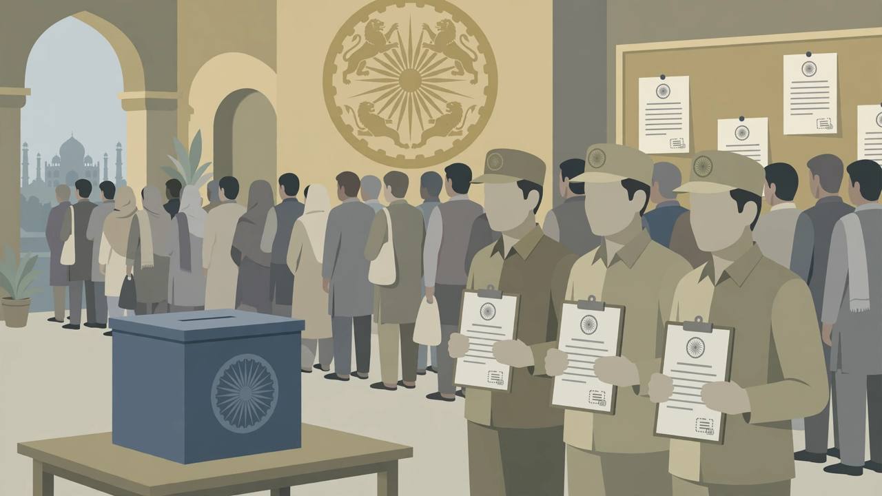 Editorial illustration of a polling station in Agra with a ballot box and election officials