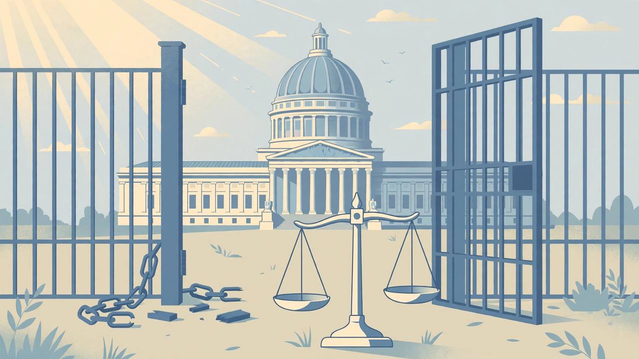 Editorial illustration of a courthouse dome behind an open gate with a broken chain and a balance scale of justice